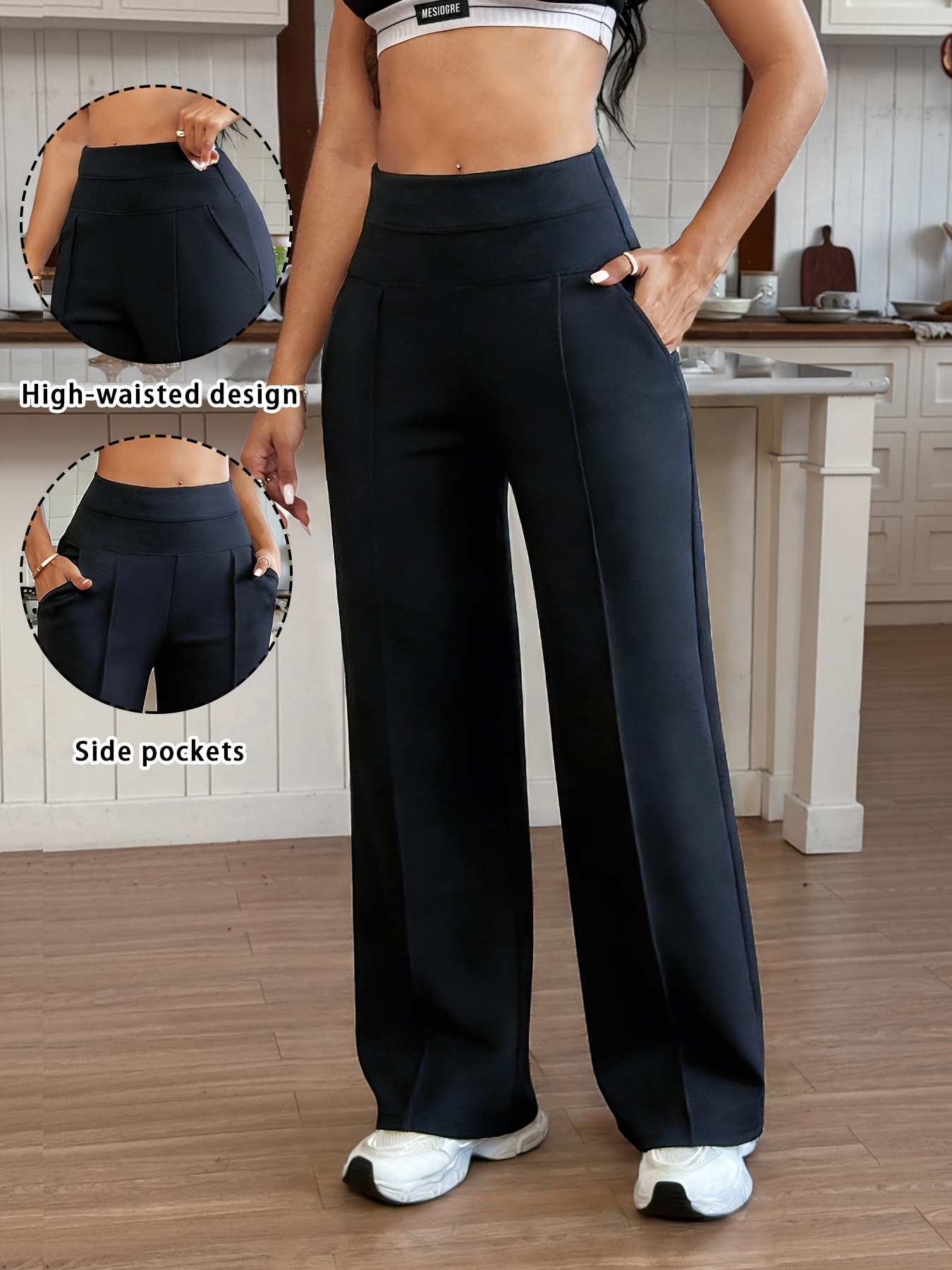 womens wide leg trousers with wide elastic waist full length pants loose fit high waisted casual workout pants suitable for spring autumn gym training solid color elastic comfortable long pants no