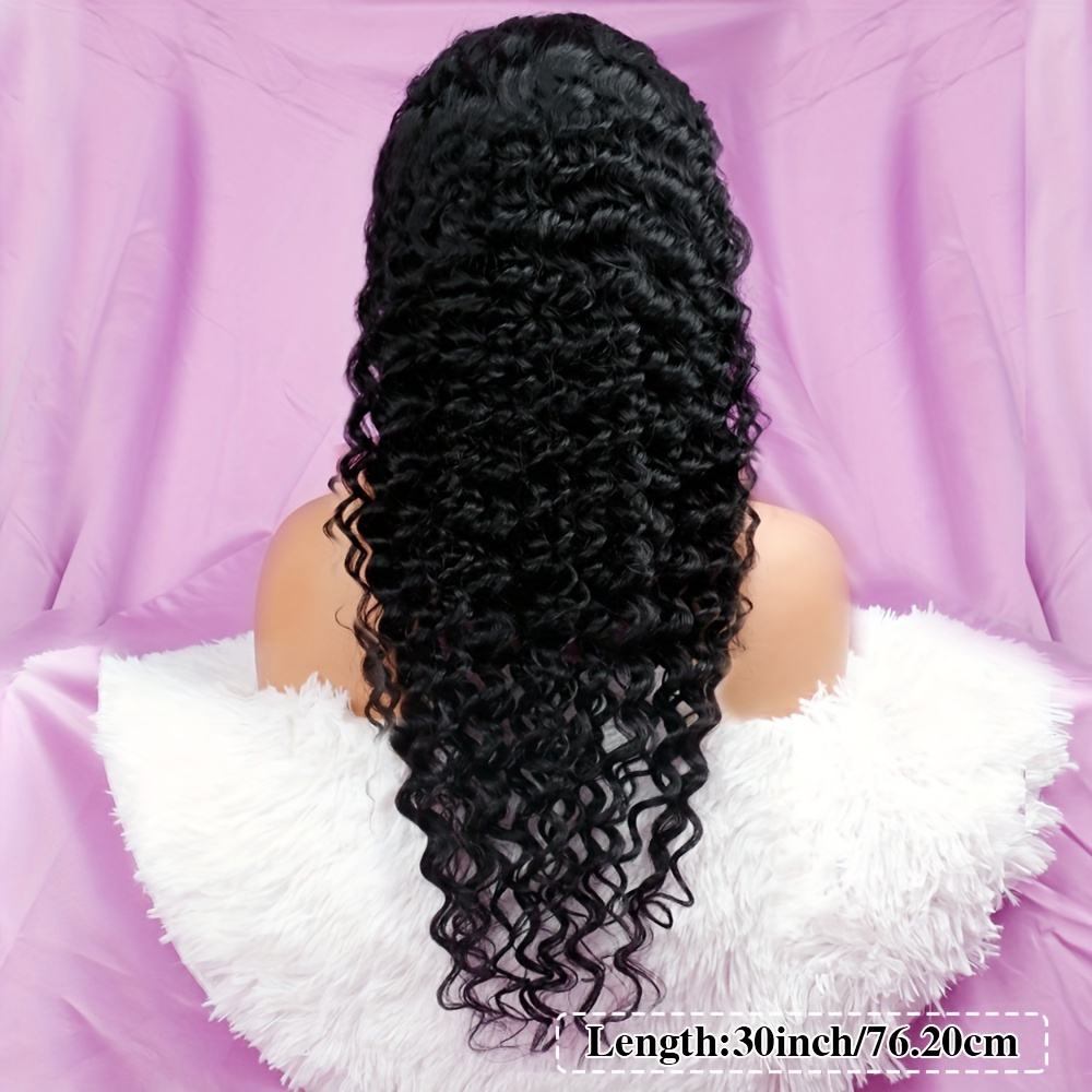 TEMU 13x6 Hd Lace Frontal Deep Wave Human Hair Wig, 16-36 Inch, 200% Density, Pre- With Baby Hair, Natural Black Color, Curls For A Fuller Look