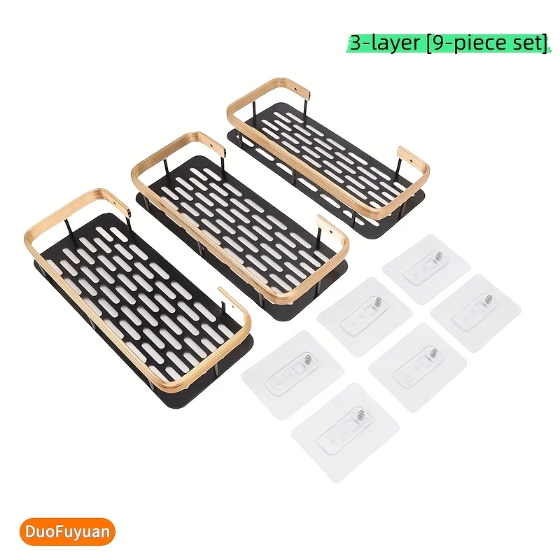 3 Metal Shelves + 6 Nail-free Self-adhesive Stickers, 9pcs Set, Multi-functional Bathroom, Bedroom, Kitchen Shelves, 3-tier Shower Shelf Basket, No-drilling Rectangular Storage Rack () (golden)