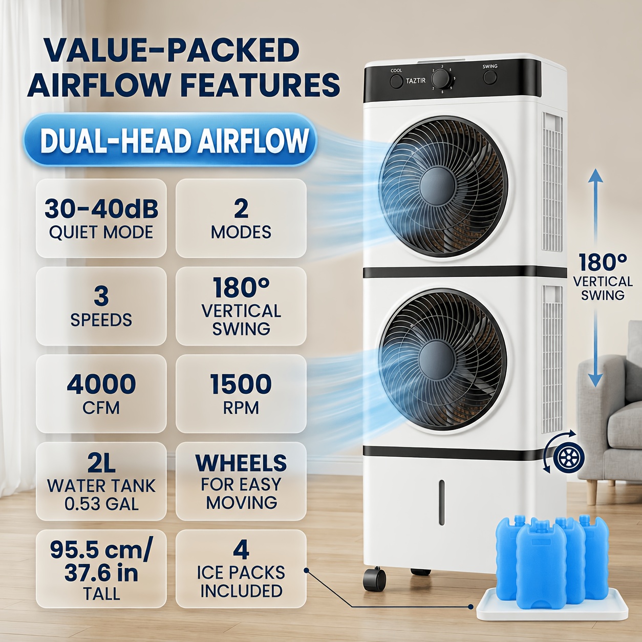 Taztir Portable Dual-head Cooler Fan, 3 , 180&deg; Vertical Swing, 30-40db Quiet Mode, Packs Included, For Home Bedroom Office