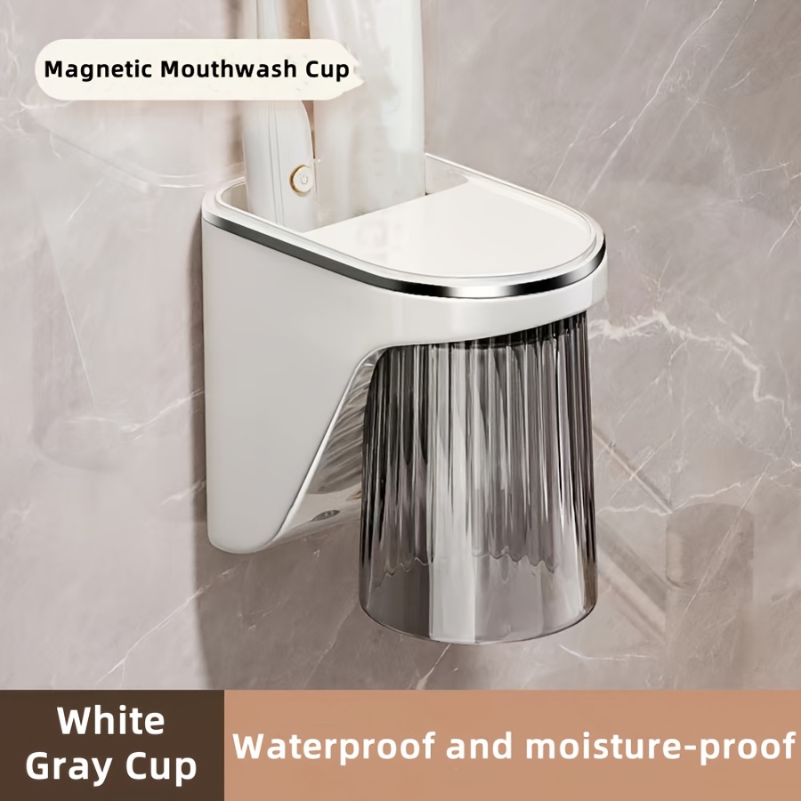 Space- Magnetic Toothbrush & Toothpaste Holder With Drainage - Wall Mounted Storage Box For Couples, Includes Mouthwash Cups, Essential Bathroom Accessory, Plastic, Storage Box
