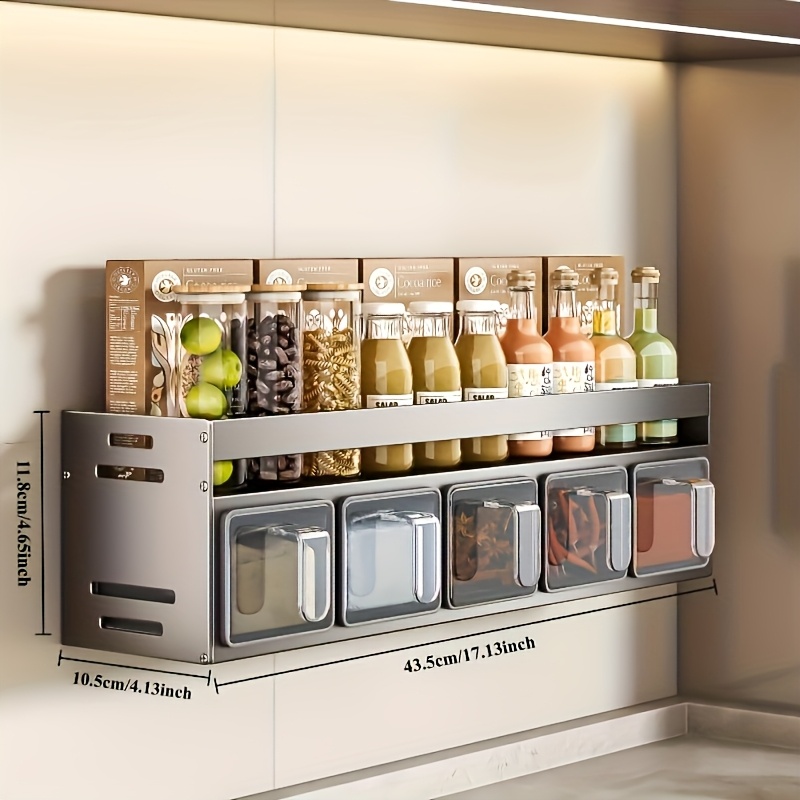 TEMU 1pc 1pcs Wall-mounted Spice Rack Organizer With No-drill Installation - Heavy-duty Aluminum Shelf & Spice Jars, Shelf Suitable For Kitchen,