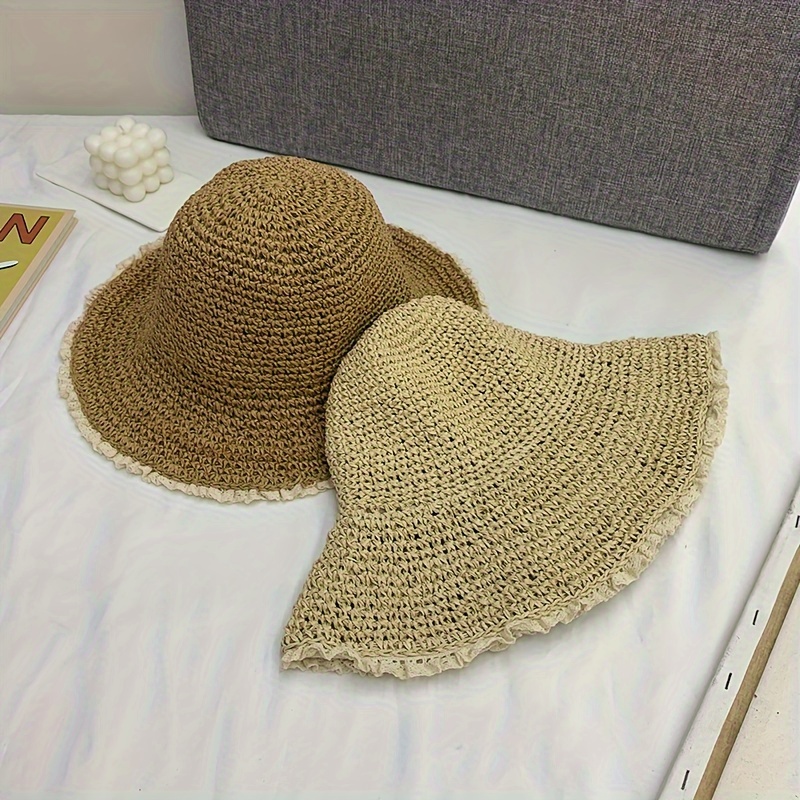 Classic Lace Straw Bucket Hat Vintage Solid Color Crochet - Temu New ...