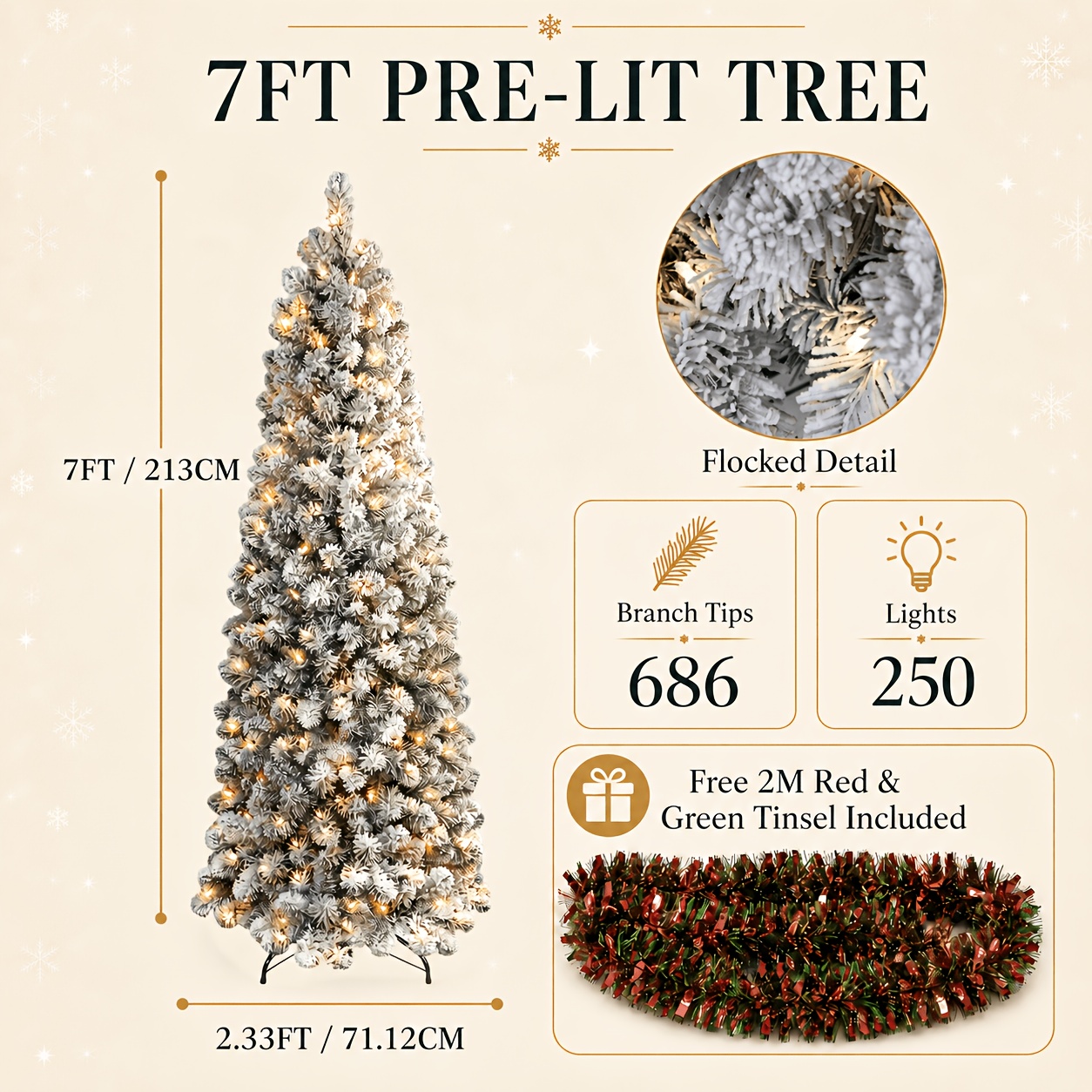 TEMU 4/5/6/7/7.5/9ft Snow Flocked Artificial Christmas Tree With Warm White Lights - Slim Hinged Full Branch , Easy Assembly, Replacement Included,