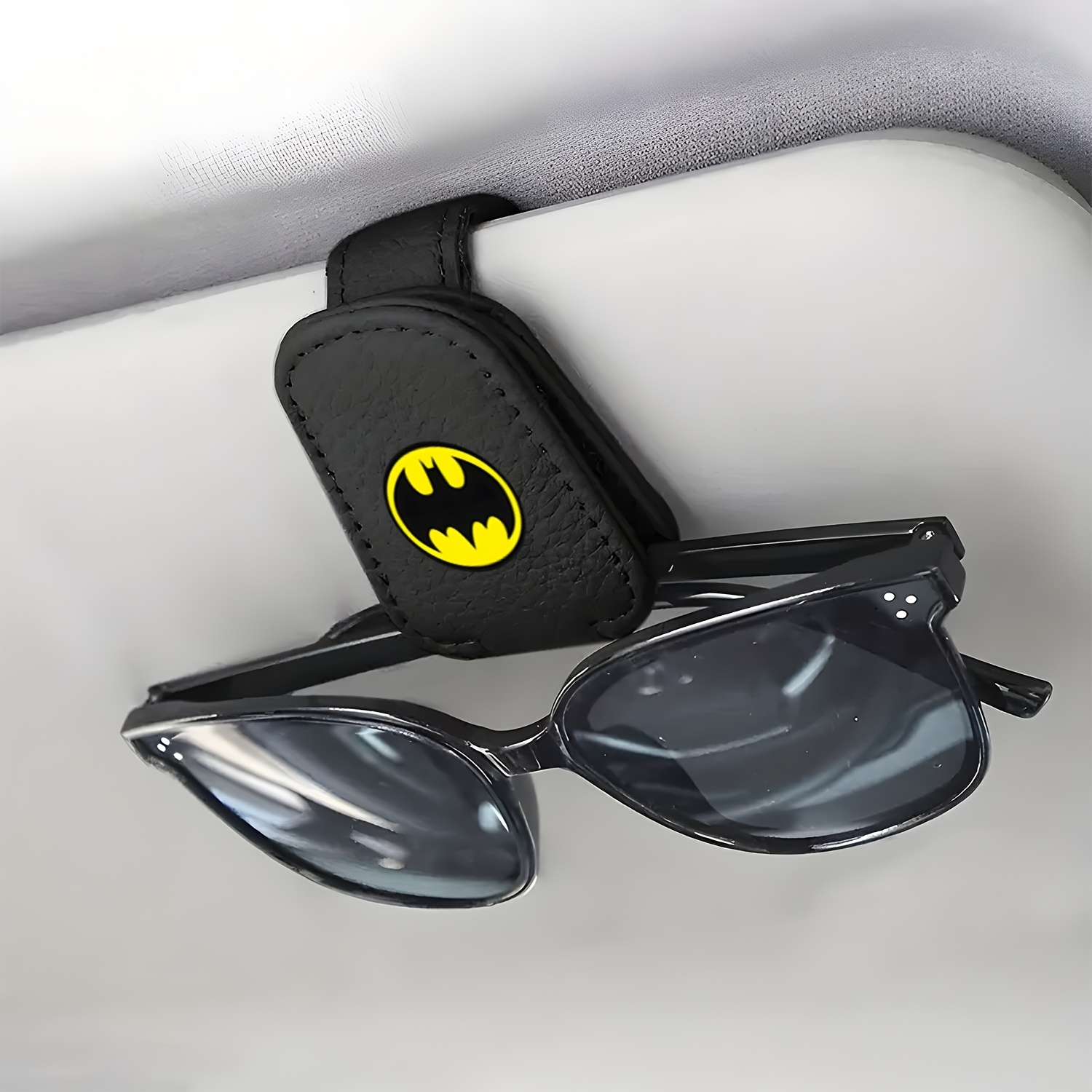 TEMU 1pc Fashionable And Trendy Car Clip-on Eyeglass Holder | Yellow Bat Logo, Simple Black - Space-, Can Secure Different Types Of Glasses Such As