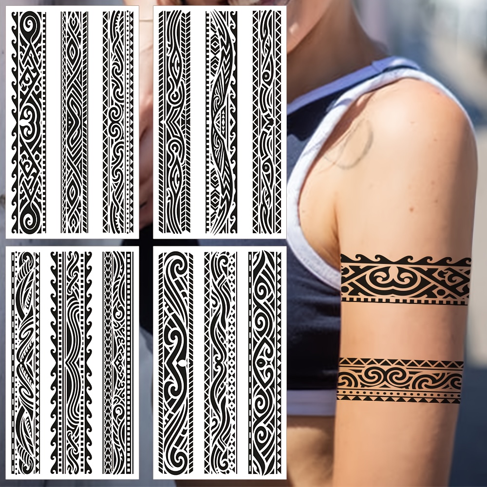 Image of 4 Maori Tribal Temporary Tattoo Armbands For Hands And Wrists, Party Decoration Item, Waterproof Long-lasting Fake Tattoo Stickers, Body Art, Size: 12x21cm