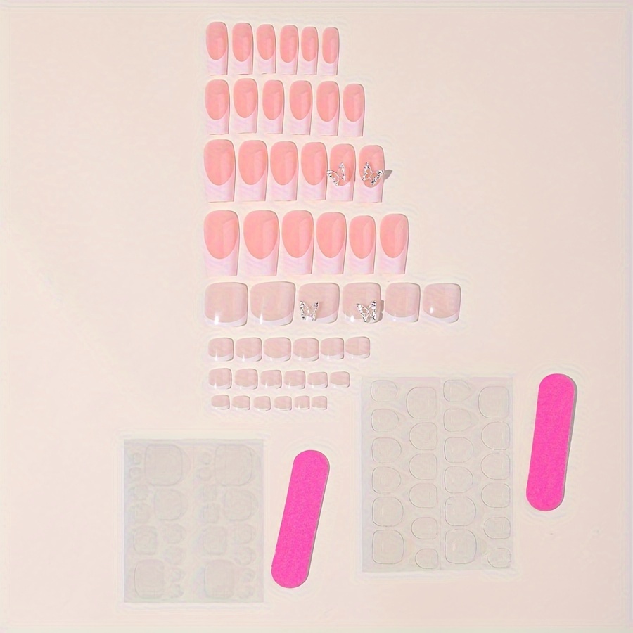 E-shop 48 Stück Glänzend Weiße Französische Maniküre Falsche Nägel 3D Legierung Schmetterling Dekoration Minimalistischer Maniküre Falsche Nagel Patch
