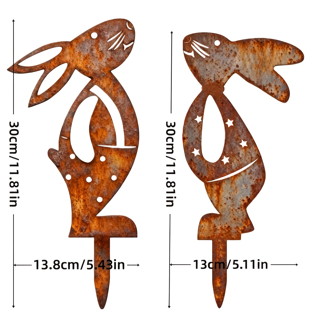 Image of 【2d Flat】 2-pack Rustic Metal Rabbit Garden Stakes | Weather-resistant Outdoor Lawn Decor For Garden And Pots, Spring Decor, Ideal For Gardening Enthusiasts