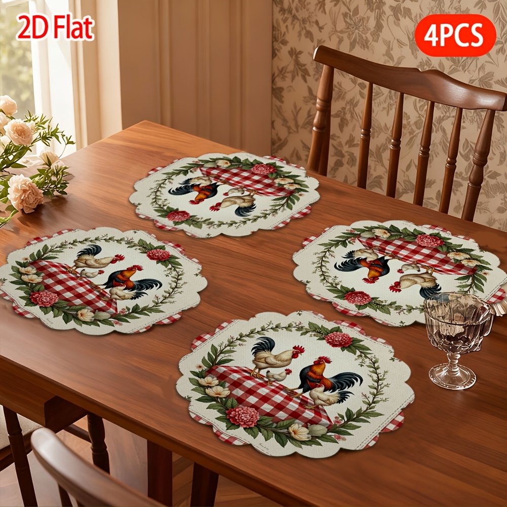 TEMU 2d Flat, 4pcs, Placemats, Pastoral Style Chicken Floral Border Painting, Patterned Lace Table Mats, Great For Easter Decorations, Valentine's