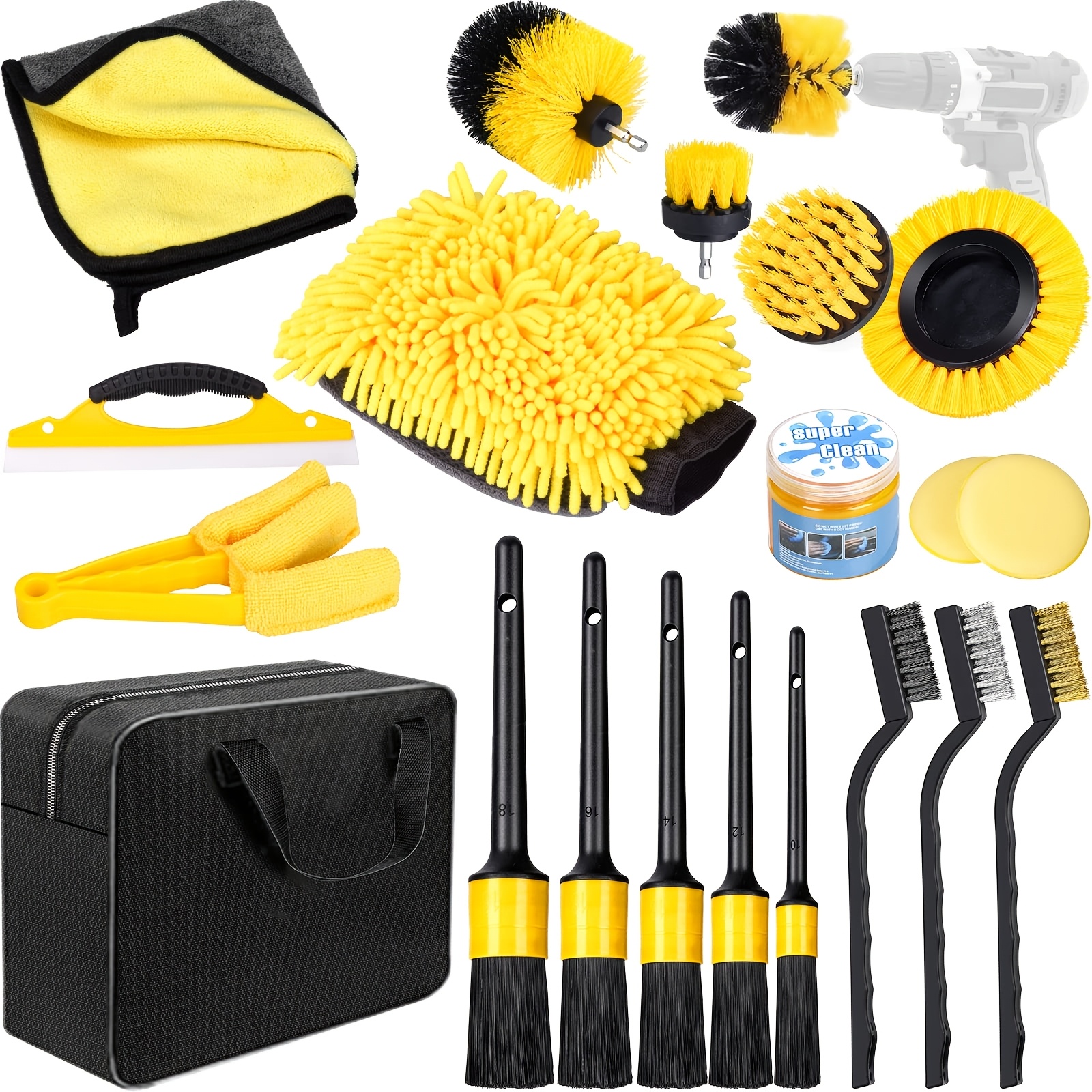 TEMU Car Cleaning Set - 20pcs Car Care Kit For Interior And Exterior - Car Wash Set With Brushes, Polishing Sponges, Cleaning Gel, And More -