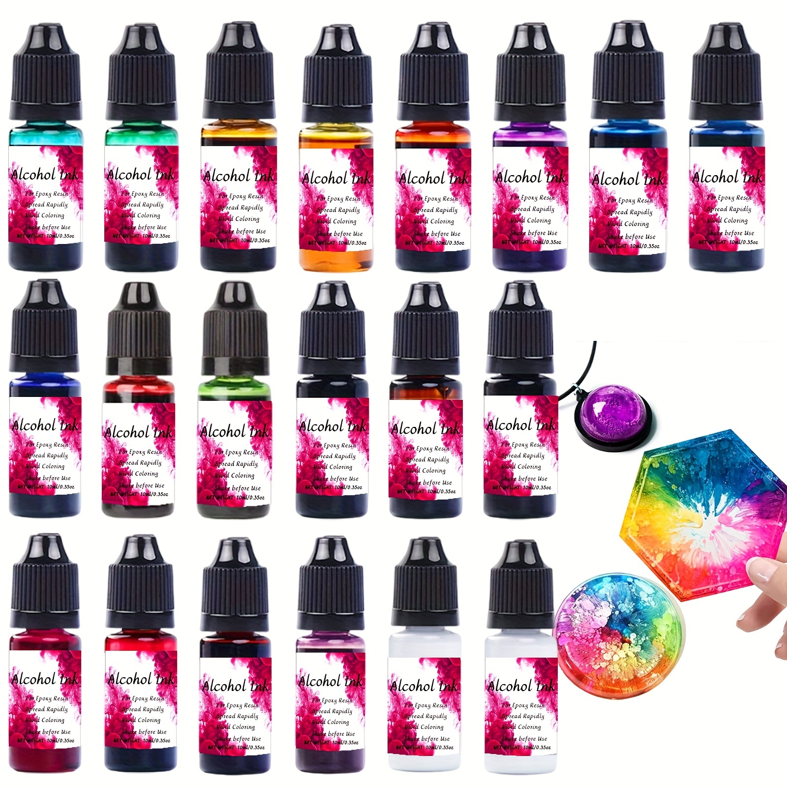 

Alcohol Ink Set - 20 Vibrant Concentrated Colors For Epoxy Resin Art, Resin Coaster Making, Tumbler Crafting - Highly Concentrated, Fast Drying, Multipurpose - 10ml Each Bottle