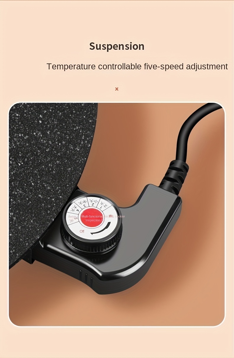 Round Multi-Purpose BBQ Pan in Korean Style, Perfect for Home Grilling. This Electric Grill Features a Non-Stick Surface And Is Ideal for Outdoor Barbecues. It Comes with a Red Handle And Adjustable Settings, Making It Great for Family Gatherings.