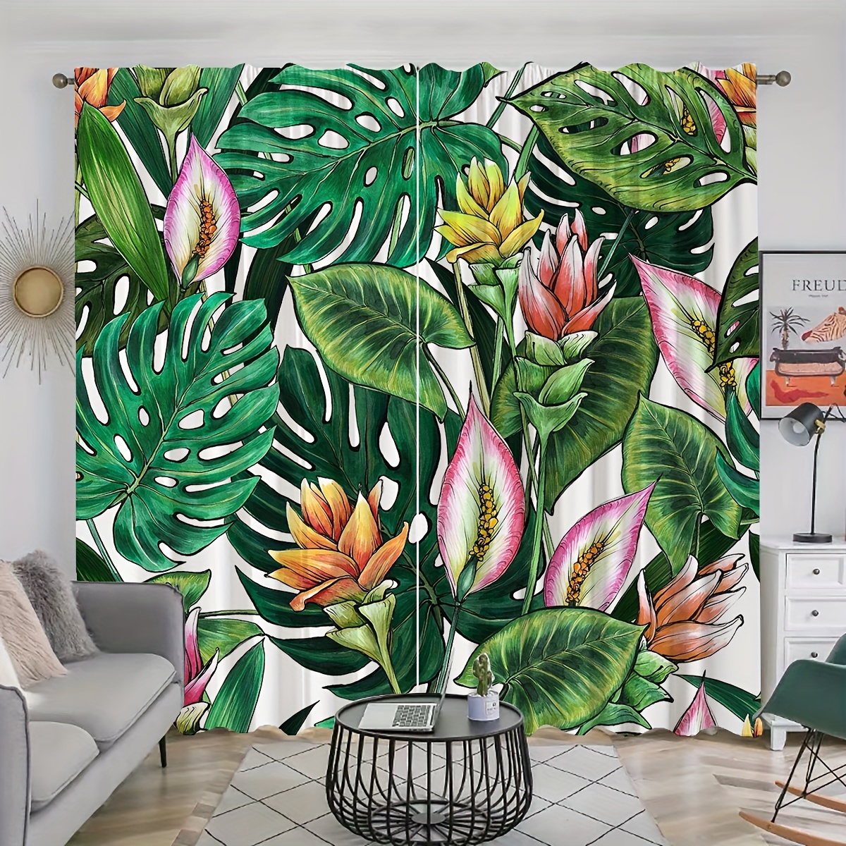 

2pcs Seamless Flower Watercolor Pattern Printing Curtains With Tropical Flowers And Leaves, Rod Pocket Curtain, Suitable For Dining Room Public Place Living Room Bedroom Office Study, Home Decor