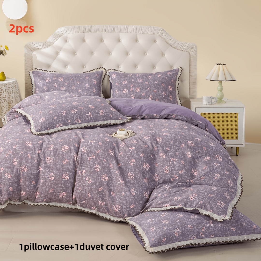 Image of 2/3pcs, 1 Duvet Cover + 1/2 Pillowcases. Bedding 135*200. Dark Purple Base With Delicate Floral Patterns, Symbolizing And Gentleness . Lace Trim Adds A Touch Of .