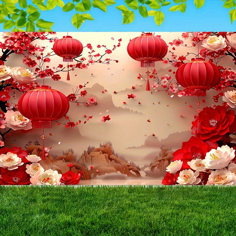 

1pc Polyester Traditional Chinese Festival Backdrop With Red Lanterns And Flowers, Fit For Entryway And Room Decor, Floral Scene, Power-free Decoration, Ideal For , Living Room, And Garden Use