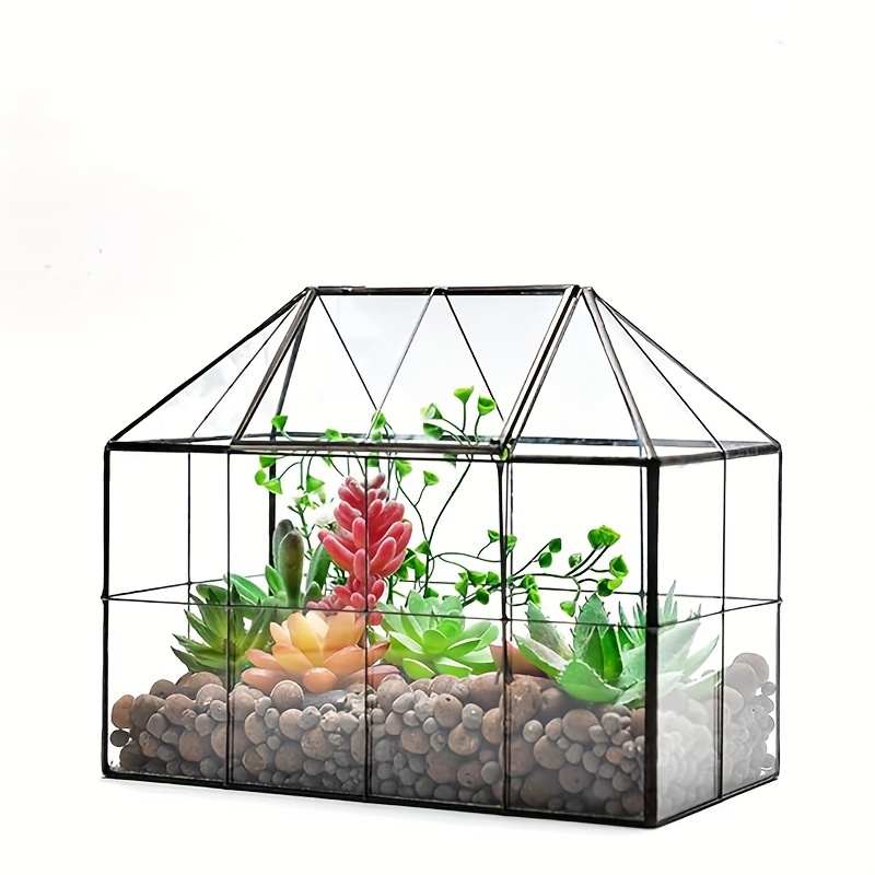 Image of Glass Container Vase With Lid -9.84" X 5.31" X 7.87" - Grid-shaped Geometric Glass Container, Suitable For Succulent Cactus Air Plants - Home Garden Indoor Desktop Decoration, Black