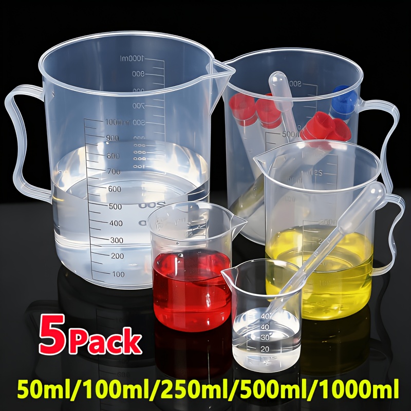5pcs Set Of Plastic Graduated Beakers - Transparent Mixing Cups With Anti-drip Nozzle And Embossed Scale, For Epoxy Resin, Paint