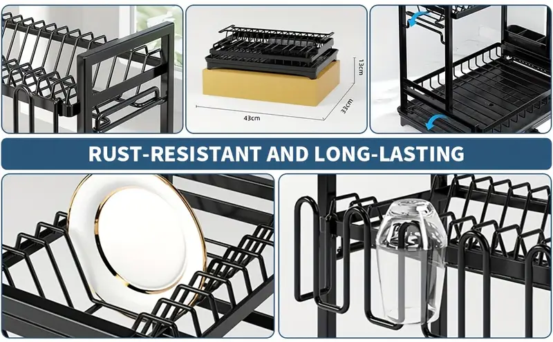 large 2 tier dish drying rack for kitchen counter detachable large capacity dish drainer organizer with utensil holder dish drying rack with drain board plate silverware pots and pans drying rack for kitchen Product details 1