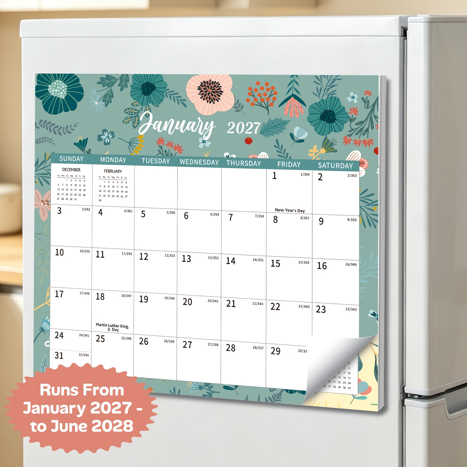 TEMU Calendario Magnético para Refrigerador 2027-2028, 18 Calendarios Mensuales ( 2027 a 2028) con Festivos, Protector de Esquina, Páginas