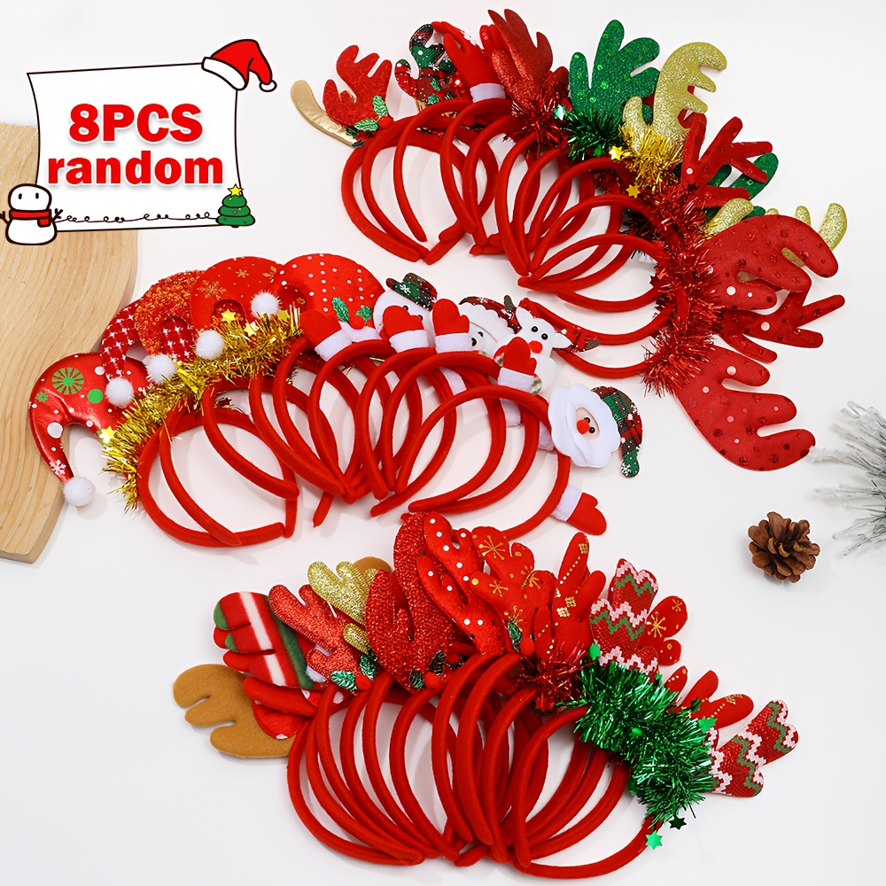 Image of 4/8pcs Random Pattern Cute Christmas Headbands For, Featuring Random Color Designs With Christmas Elements Such As Antlers, Santa Claus, And Christmas Hats. Perfect As Christmas And New Year Gifts For