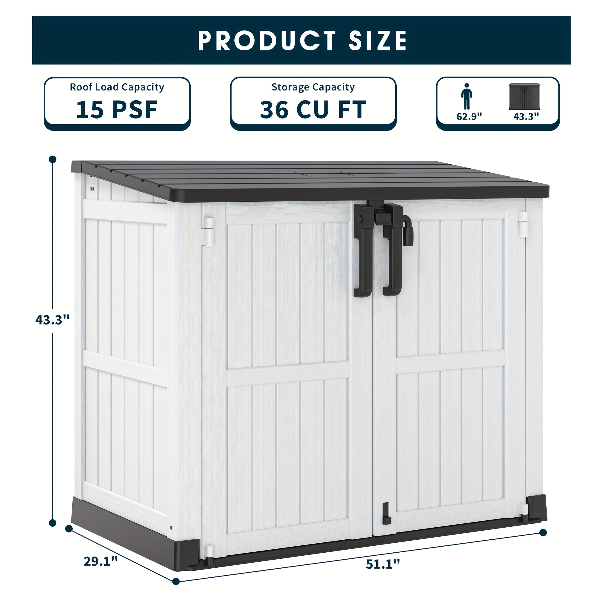 large outdoor storage shed made of weather resistant resin offering 36 cubic feet of space ideal for storing bicycles trash cans and lawn equipment without any internal dividers   organizing tools additions and pool supplies