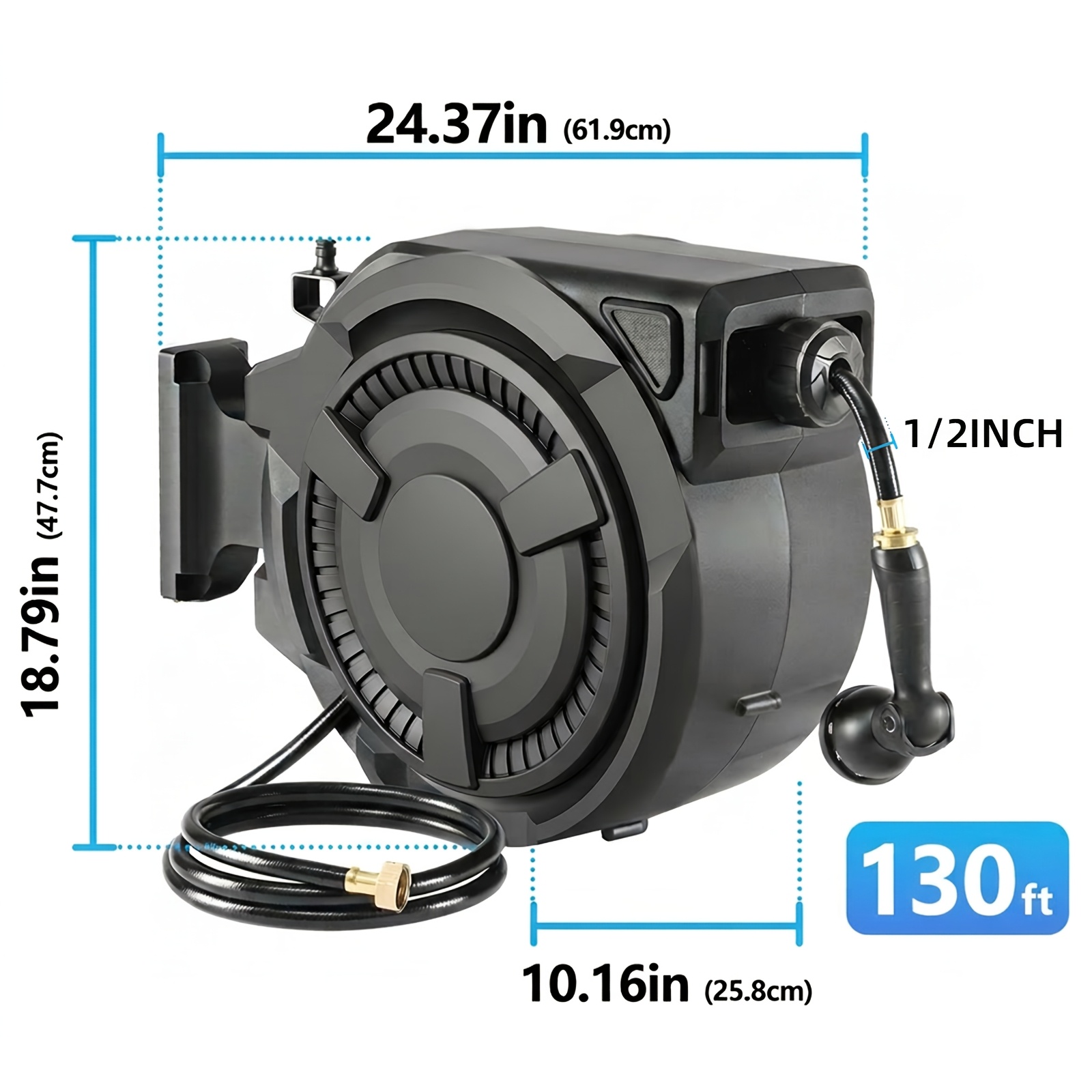 TEMU Garden Hose Reel 1/2in & 5/8in, 50ft -130ft, Heavy Duty Automatic Hose Reel, Garden Water Hose Reel, With Slow , Heavy Duty Wall Mounted Hose
