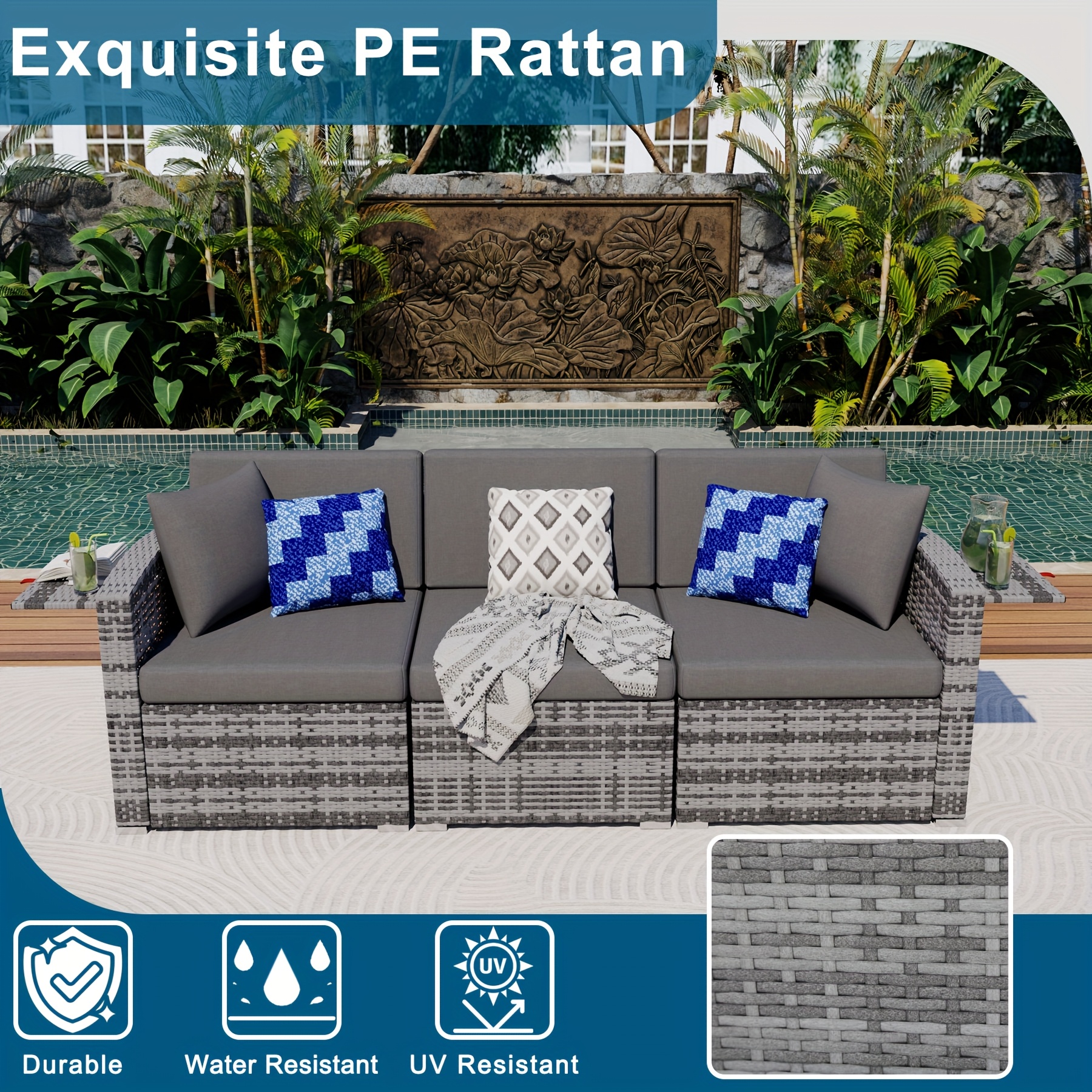 [Patio Furniture Set] 3pcs PE Rattan Patio Furniture Set | All-weather Wicker Modular Couch With Cushions, Outdoor Conversation Set For Porch Backyard Garden