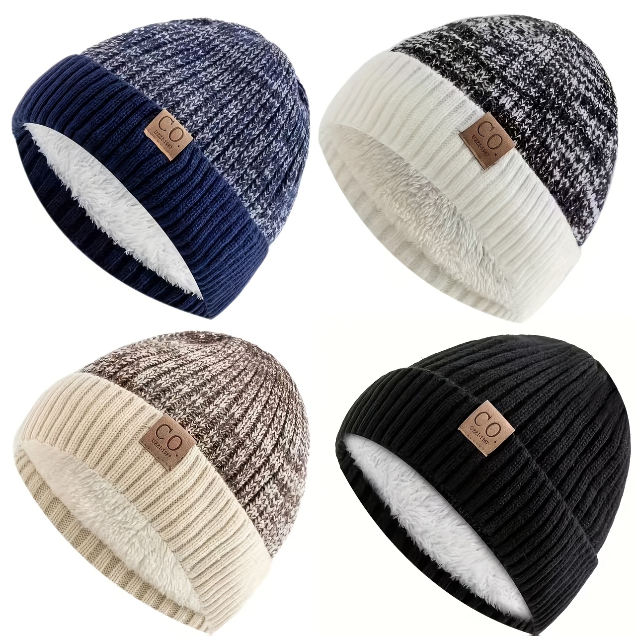 TEMU 4pcs Unisex Winter Knit Beanie Hats, Thick Warm Lined Skull , Hand Washable Cold Weather Hat, Neutral Solid Color Beanie For Outdoor Sports,