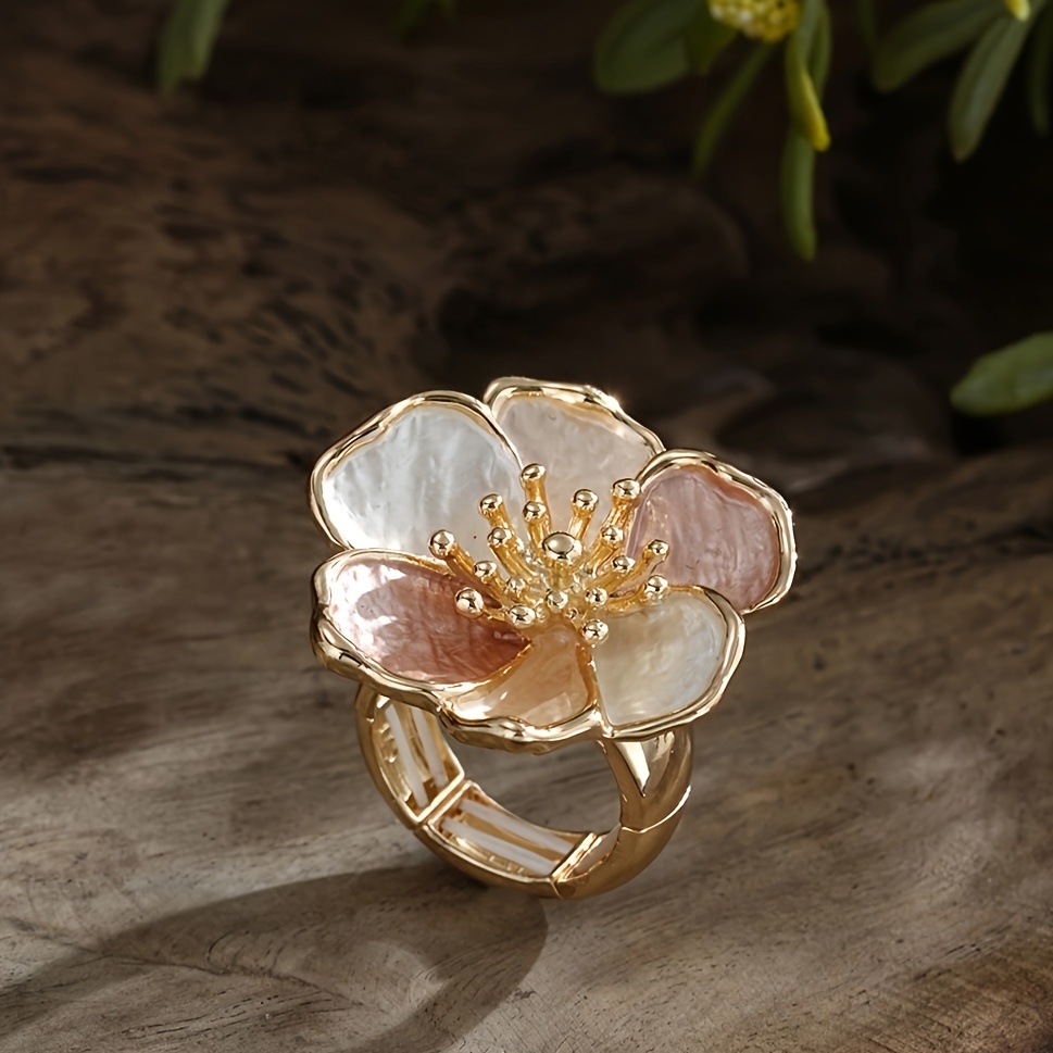 TEMU Coco Cherry Ring For Women, Elegant Golden Plated Enamel Elastic Rings Adjustable Stretch Band Finger Rings, Bohemian Statement Floral Jewelry,