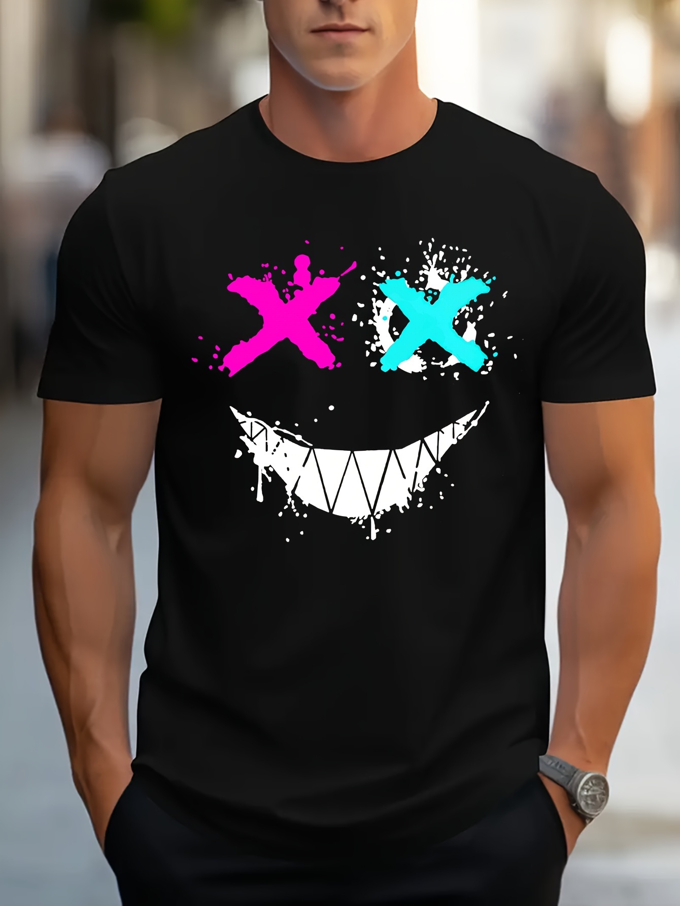 LHEURYSTIC Men's White Athletic T-Shirt with Neon Pink & Cyan Splatter Paint Design, X-Out Graphic & Black Splatter - Breathable Stretch Fabric, Round Neck Short Sleeve Gym Shirt for Workouts, Casual & Casual Attire - Machine Washable Regular Fit