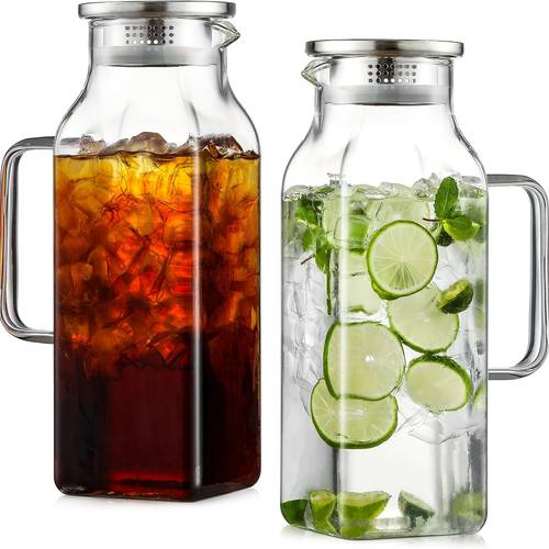 2 4 pack 2 68 oz square glass pitcher with lid and handle for fridge iced tea and coffee carafe beverage serveware heat resistant borosilicate water jug for hot cold drinks and milk