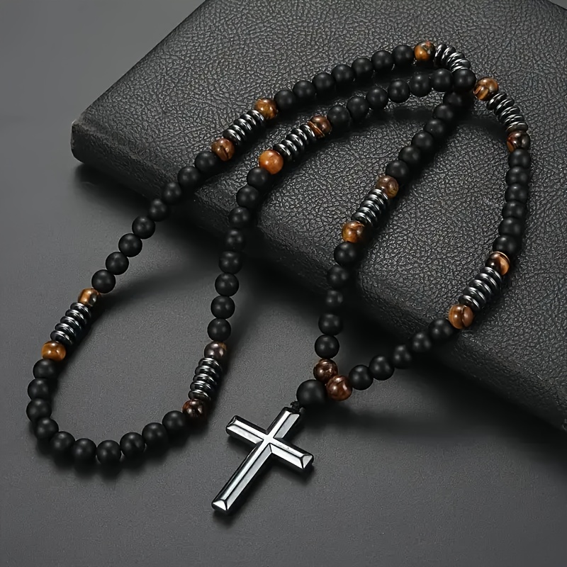 Image of 1pc Futtmi Men's Natural Black Hematite Bead Necklace With Pendant - 70cm/27.6in Heavy Duty Beads, Symbol For Christmas Gifts, Daily Wear &