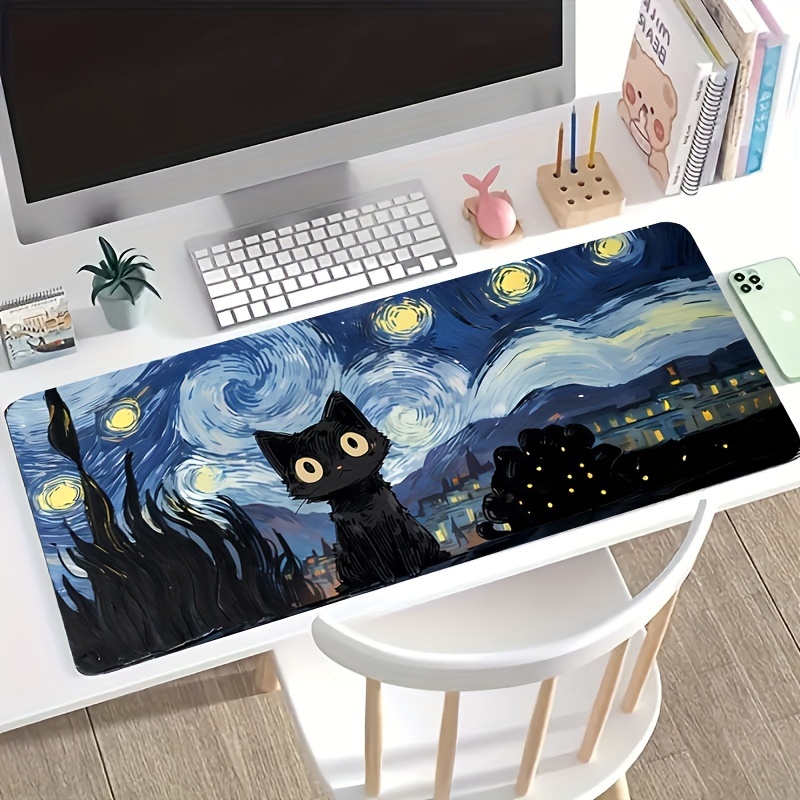 

Starry Night Cat Mouse Pad, Large Gaming Keyboard Mat With Non-slip Base, Comfortable Polyester Desk Pad For Office, Study, And Relaxation - 1pc