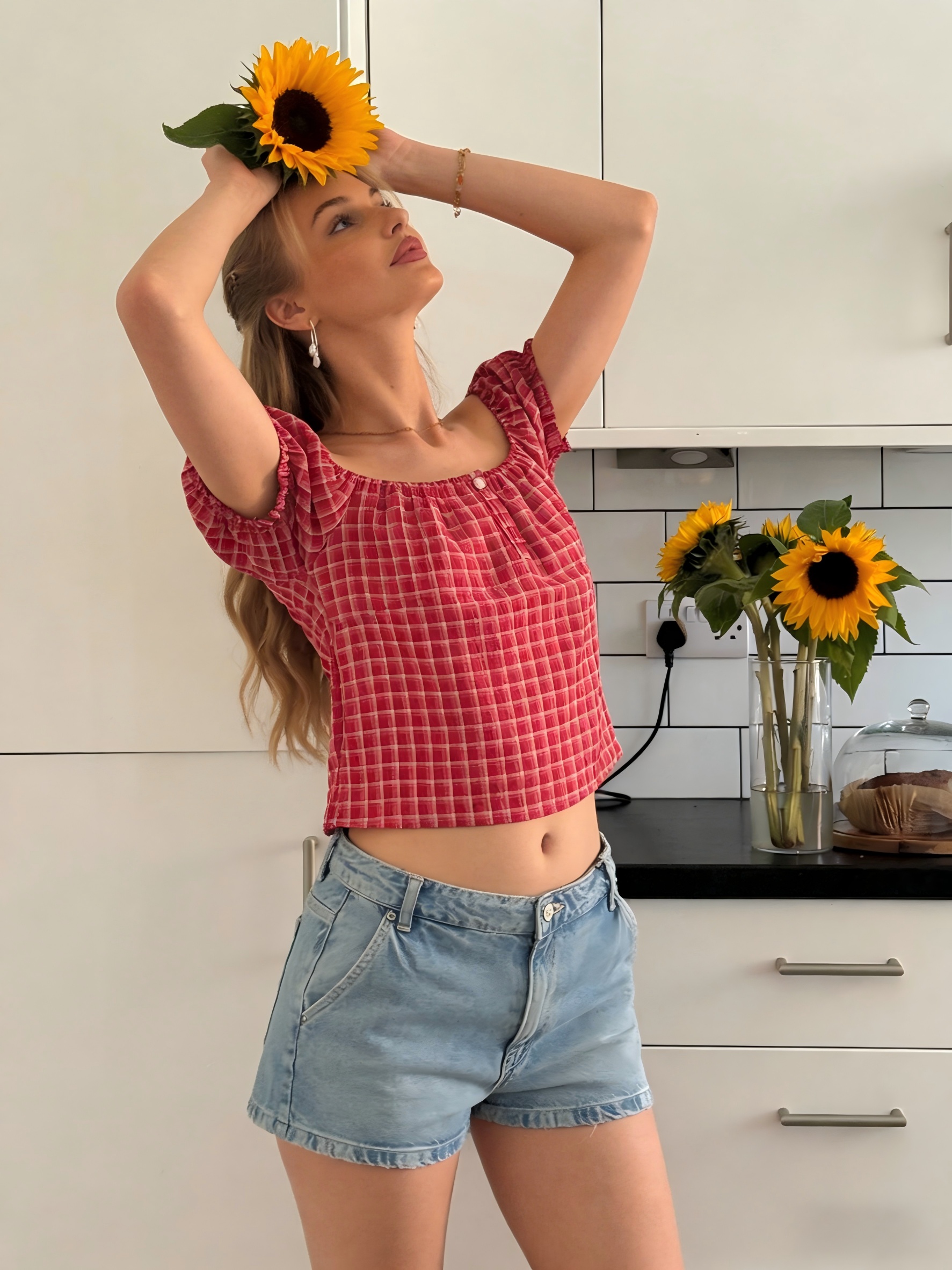 red and white checkered off shoulder top with short puff sleeves     and casual summer outfit details 0