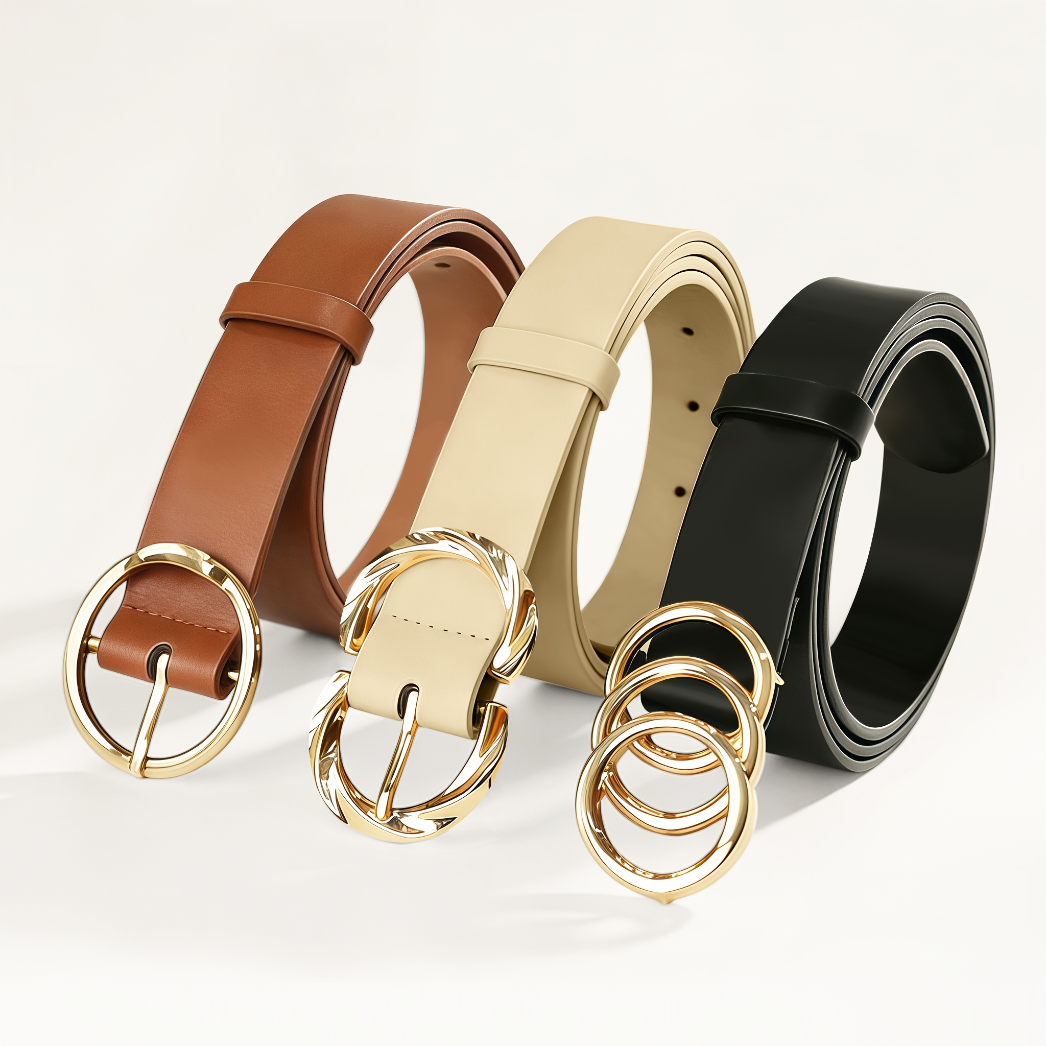 TEMU 3pcs Set Of Women's Easy And Fashionable Versatile Belt, Jeans Dress Classic Belt, Three-ring, And One-ring Metal Design, Solid Color Elegant