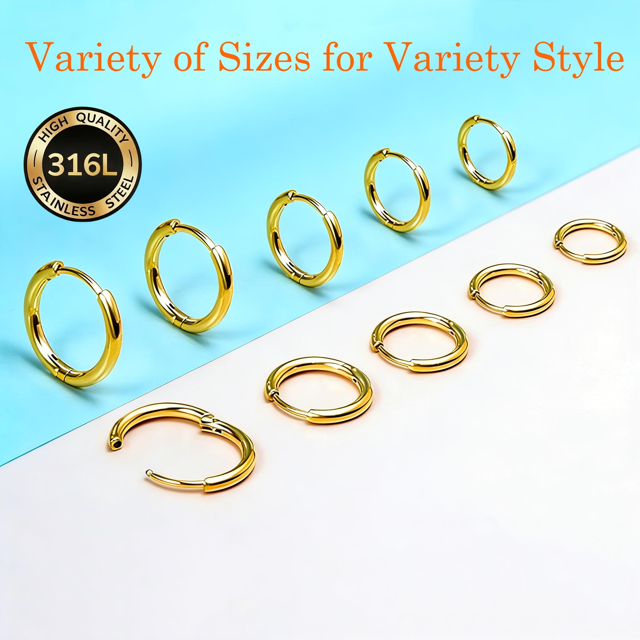 TEMU 10pcs High-quality Hypoallergenic Stainless Steel Golden Hoop Earrings, Tarnish-resistant, Simple And Elegant. Available In 6mm, 7mm, 8mm, 9mm,