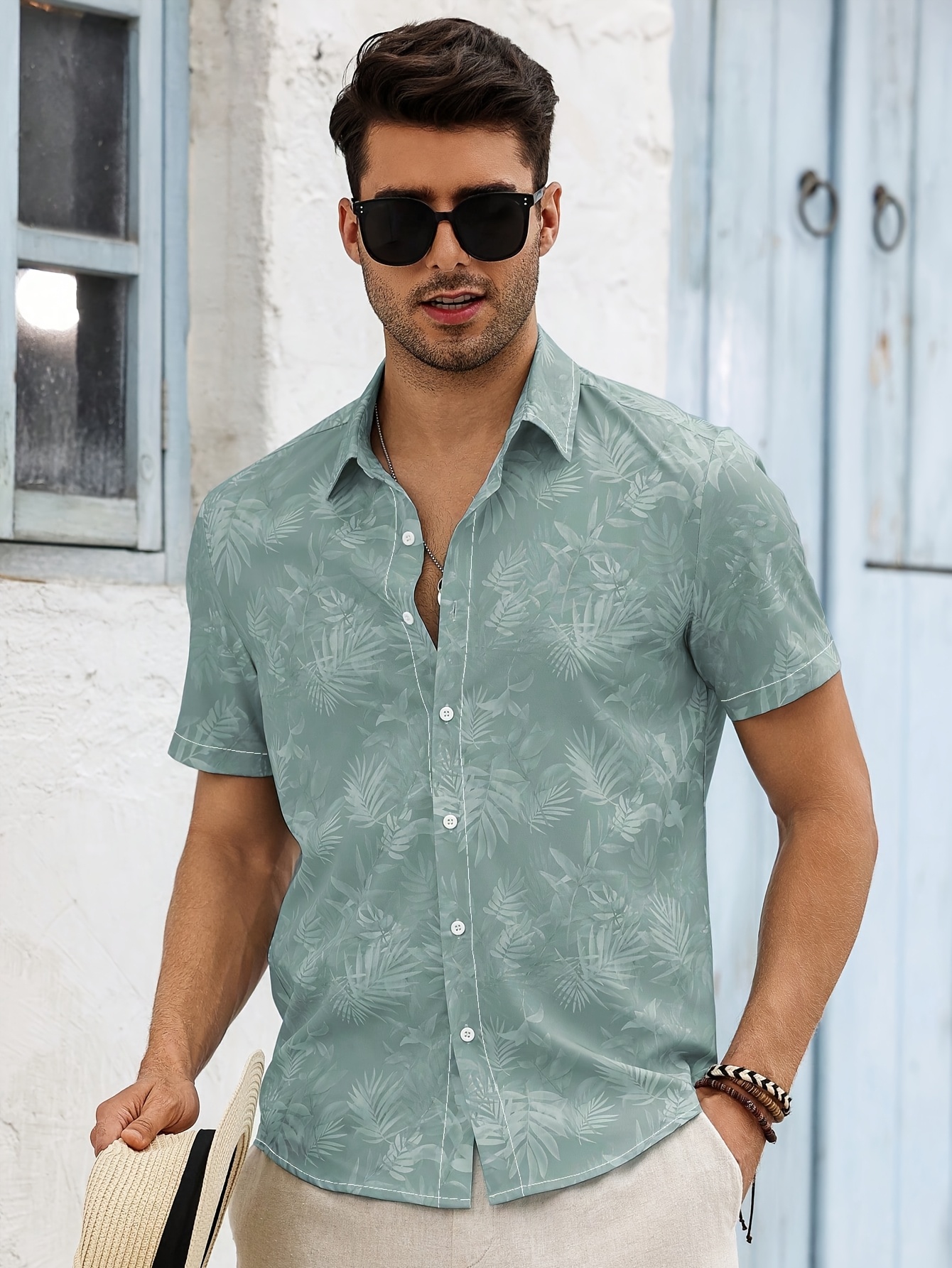 *'s Spring, Summer, and Autumn * Leaf Print * Casual Short-Sleeve Lapel  Shirt, Suitable for Casual * Holidays, and Daily Wear, 100% Polyester,  Machine Washable, Not Dry *. JCY6423
