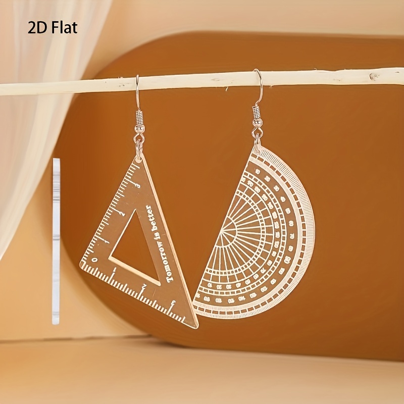 TEMU 2D Plat - Een paar schattige en creatieve transparante driehoekige liniaal gradenboog oorbellen met een asymmetrisch ontwerp, perfect voor