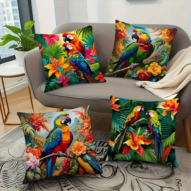 TEMU 4pcs Vibrant Tropical Parrot & Floral Throw Pillow Covers, Soft Polyester With Zipper, Machine Washable – & For Home, Office, And Bedroom Decor