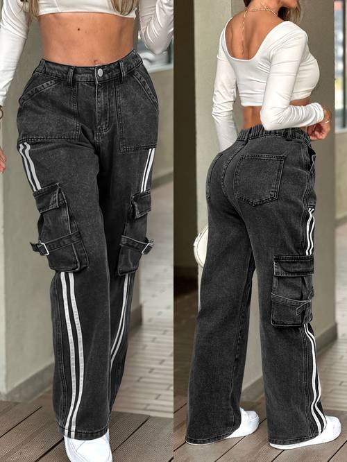 high waist y2k kpop style womens denim jeans striped side pockets loose fit multi pocket cargo pants in dark gray workwear cargo pants