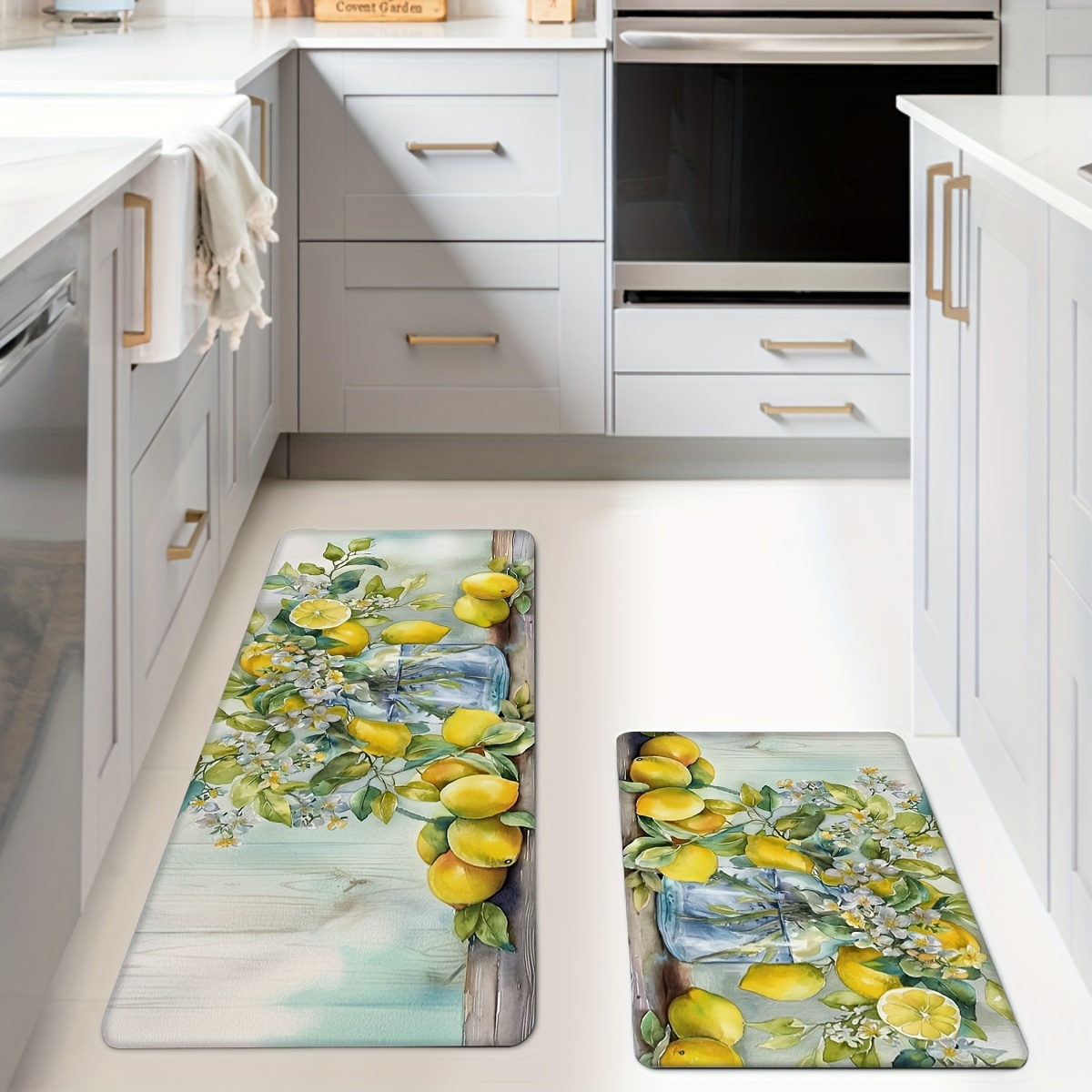 

1/2pcs Lemon Pattern Kitchen Mat, Non-slip Kitchen Rug, Durable Floor Mat, Comfortable Standing Runner Rugs, Kitchen Office Laundry Room Bathroom Home Decor Carpet