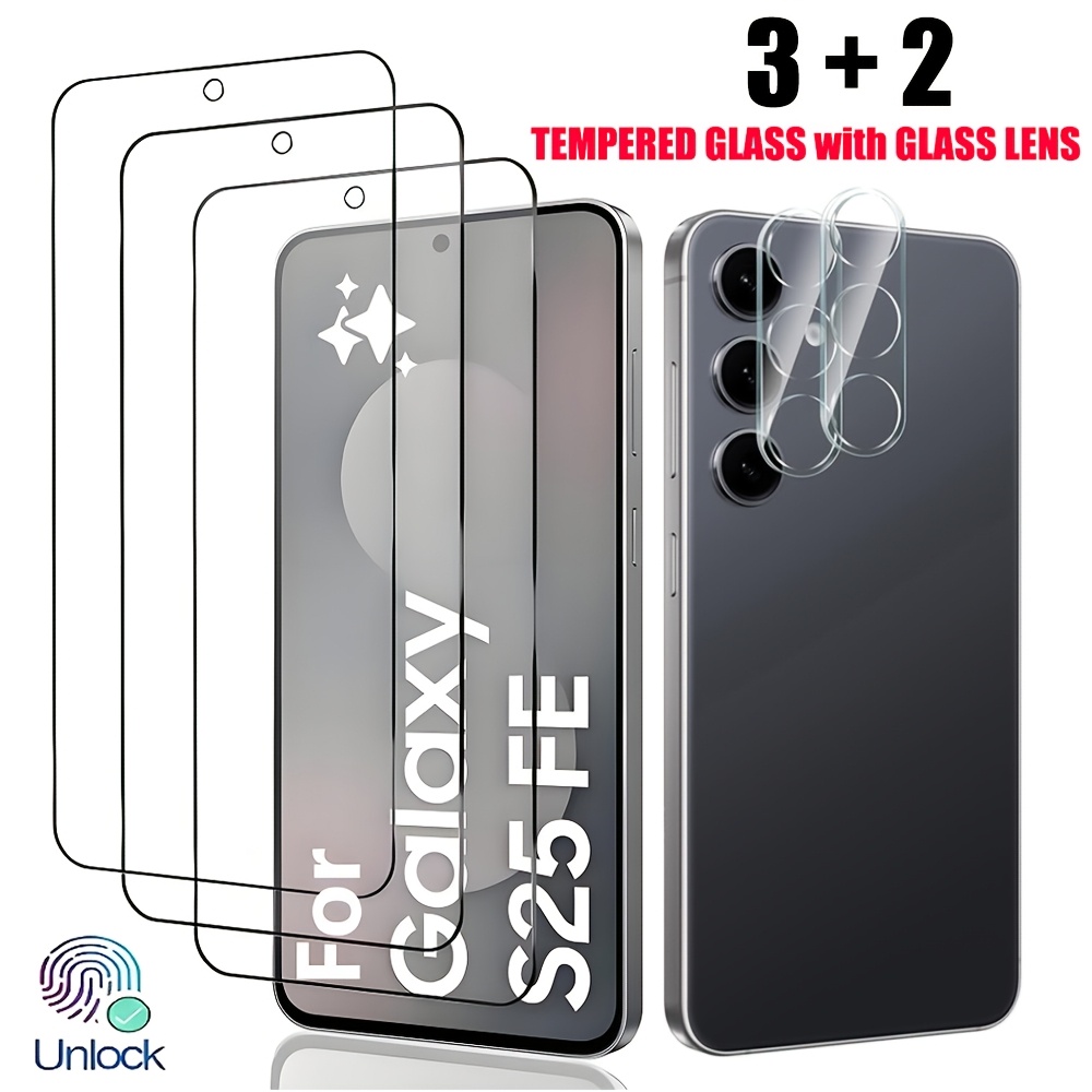 E-shop Set 3 Stück Displayschutzfolie aus gehärtetem Glas und 2 Stück Kameraschutzfolien aus Glas, passend für Samsung Galaxy S25 FE, bruchsicher,