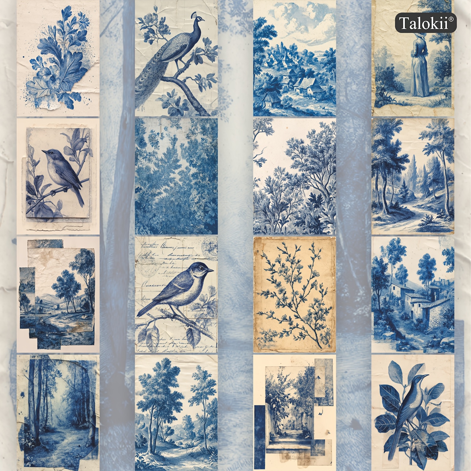 TEMU 16-pack Vintage Blue Floral And Bird Postcards, 10×14 Cm (. 4×6 Inch), Retro Aesthetic Illustration Cards For Journaling, Scrapbooking, Wall