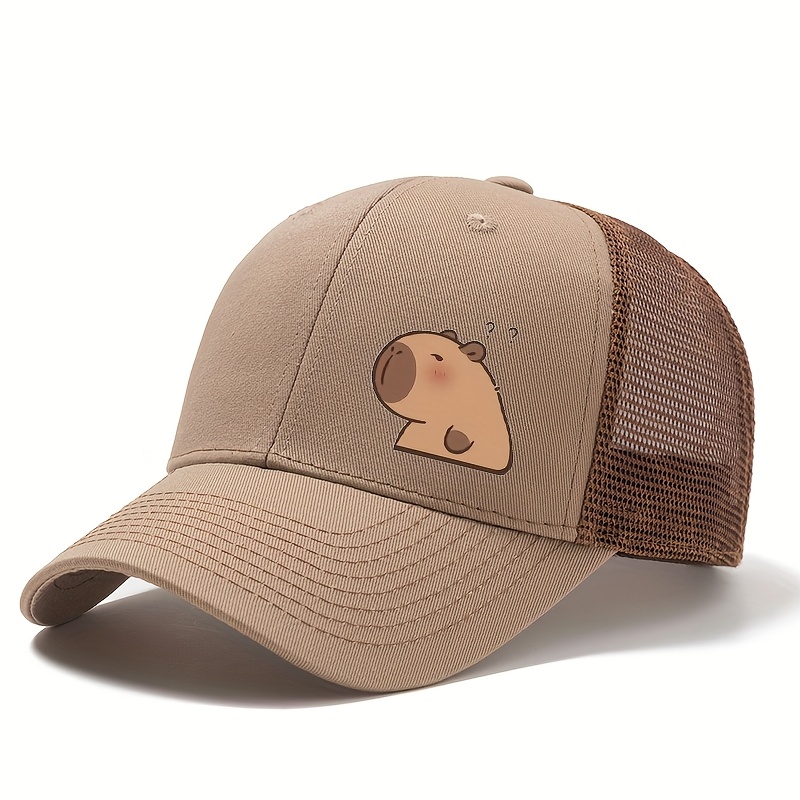 E-shop Eine stylische Unisex-Baseballkappe mit einem Cartoon-Capybara-Design, für sommerliche Outdoor-Aktivitäten. Diese atmungsaktive Mesh-Mütze ist