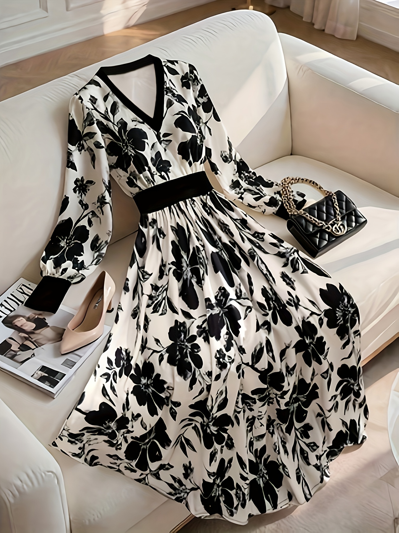 Elegant Stylish Simple V Neck Apricot Colored Dress A Large