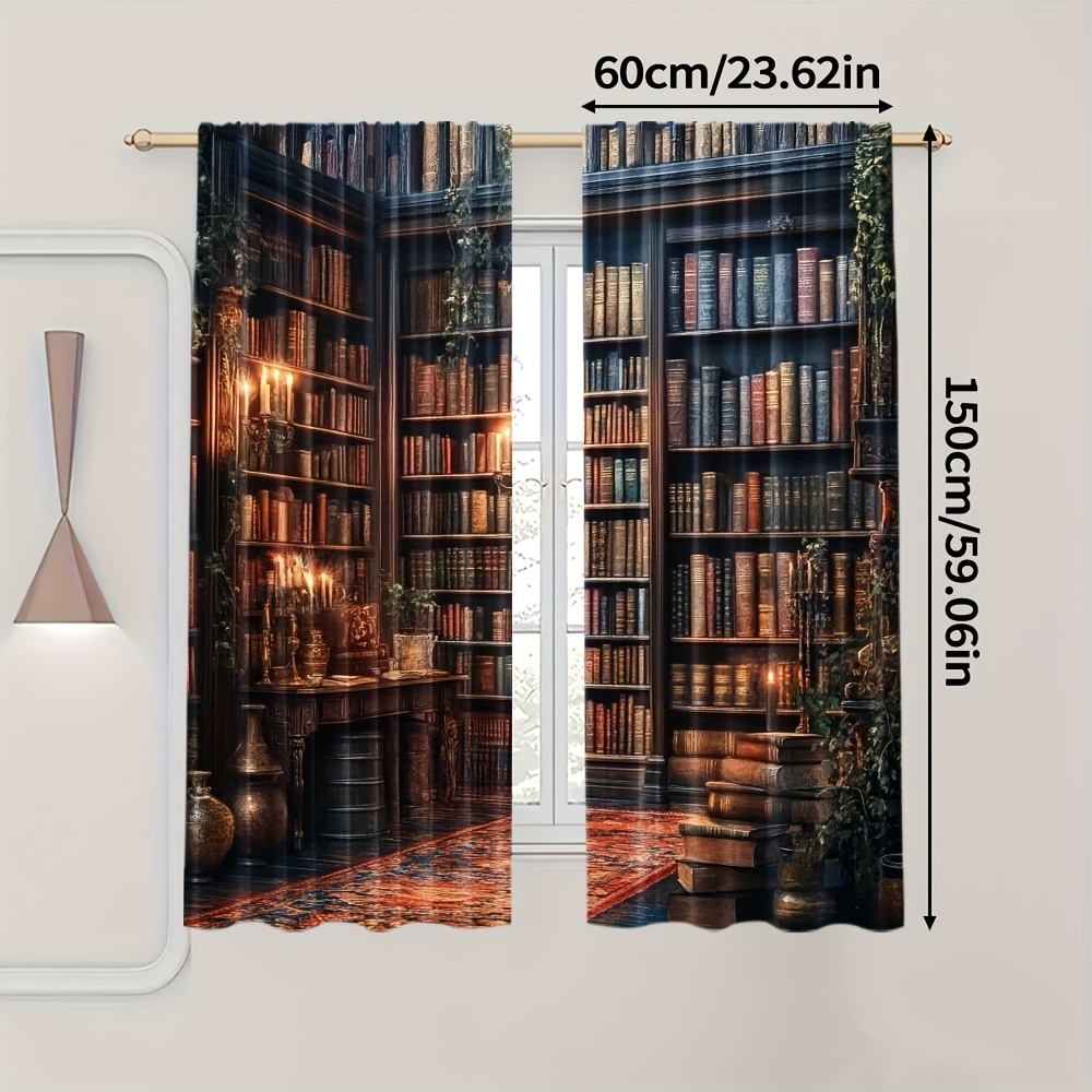 TEMU 2pcs Library-themed Curtain Panels - Vintage Bookcase & Candlelight Design Window Drapes, Semi-sheer Filtering Light Privacy Window Treatments
