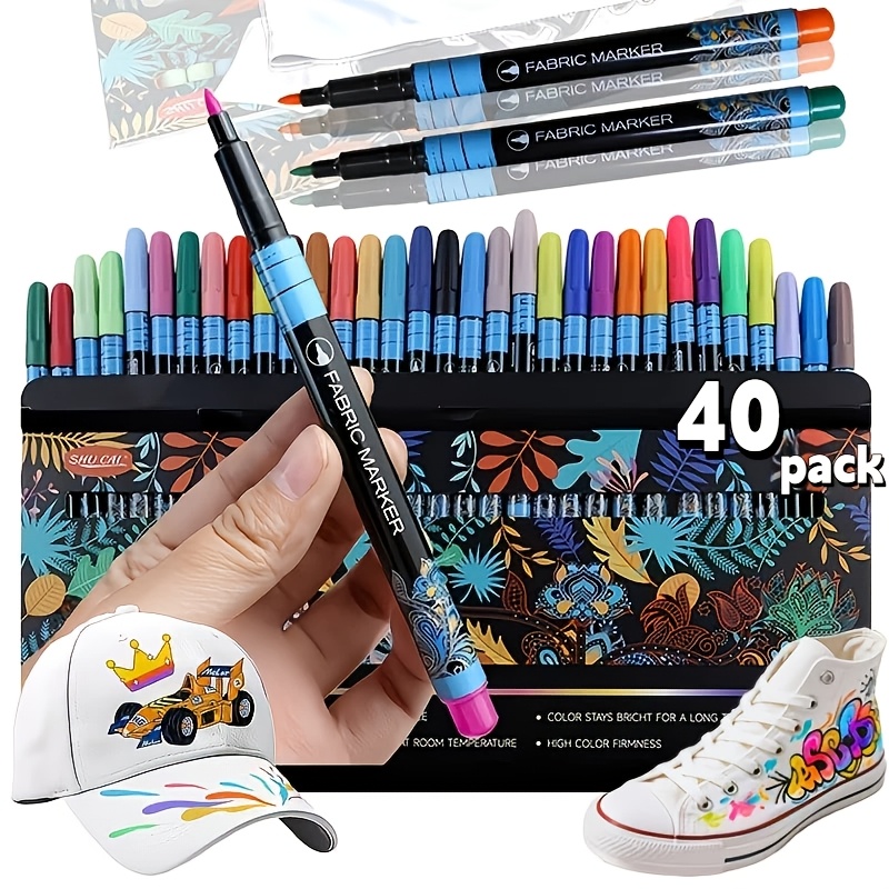 TEMU Lot de 40 marqueurs pour tissu à pointe simple/double, pour vêtements DIY, graffiti, chaussures en toile, peinture à , stylos pour tissu