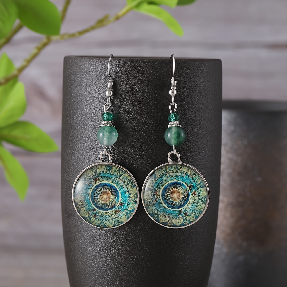 TEMU 1 Pair Of Vintage Mandala Gemstone Earrings - Alloy Glass Material, Women's Long Green Pendant Earrings