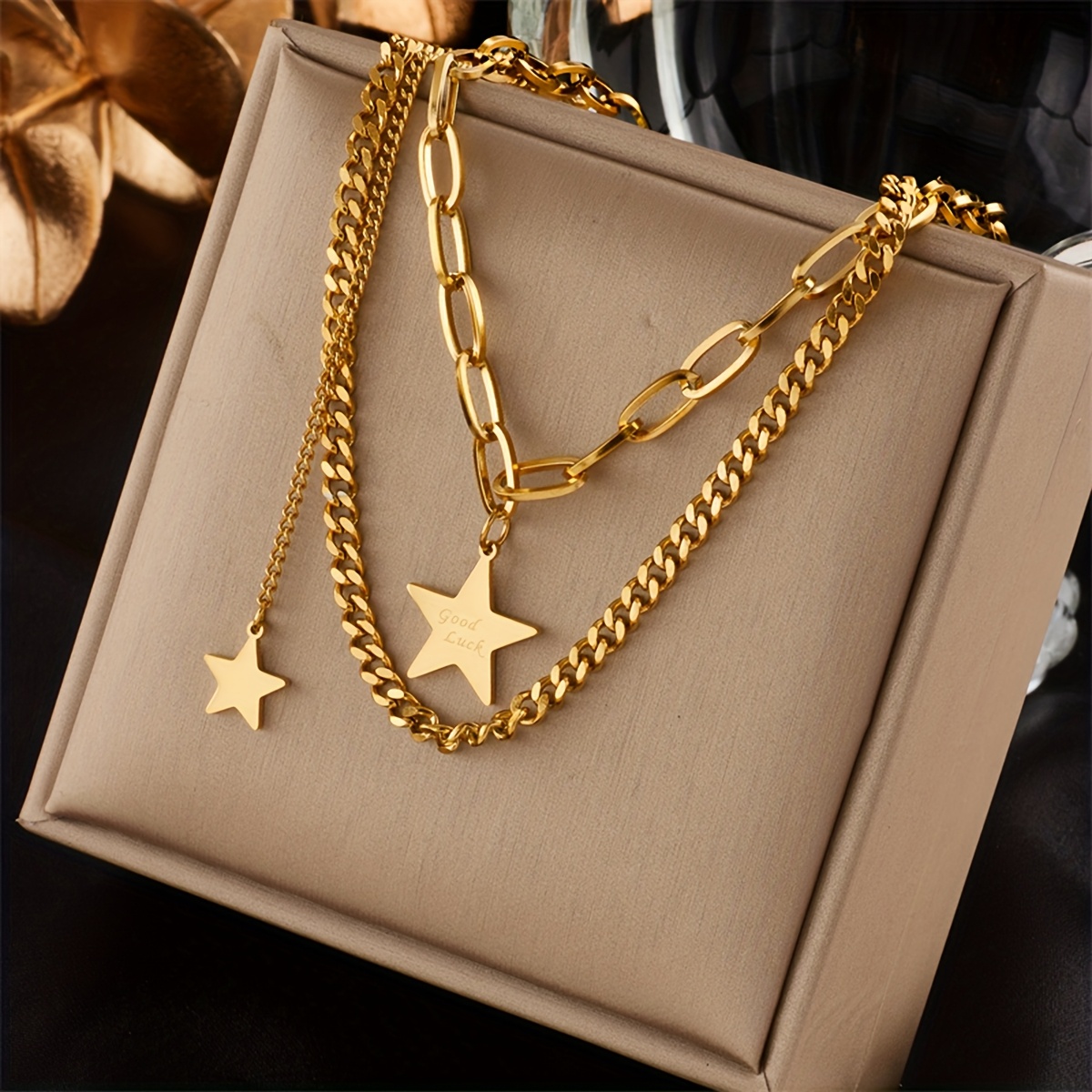 Image of Stainless Steel High Quality Double-layer Necklaces Golden Pendant Necklace Party Jewelry