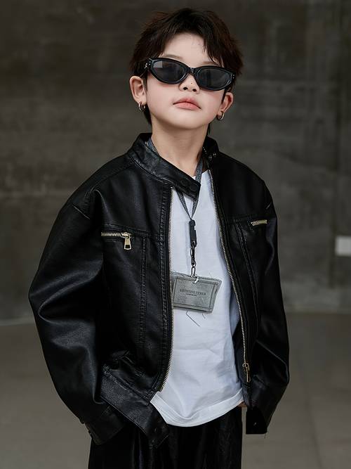 fashionable boys lined pu leather coat christmas thickened style